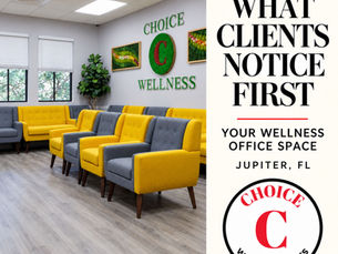 Yellow and gray seating in the Choice Wellness Suites waiting room in Jupiter, Florida, with the text “What Clients Notice First About Your Wellness Office Space.”