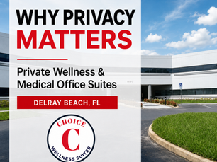 Choice Wellness Suites Delray Beach building with text about privacy in private wellness and medical office suites.