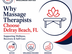 Choice Wellness Suites graphic explaining why massage therapists choose Delray Beach FL, highlighting active residents, a wellness-focused community, and growing demand for massage therapy and wellness services.