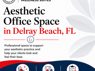 Choice Wellness Suites graphic highlighting aesthetic office space in Delray Beach FL for independent beauty, skincare, and wellness providers in a professional office environment.