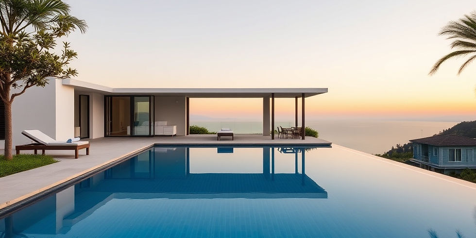 imagem de uma casa de lato padrão com uma pisicna com borda infinita