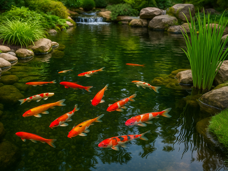 Carpas em um lago ornamental estilo Koi