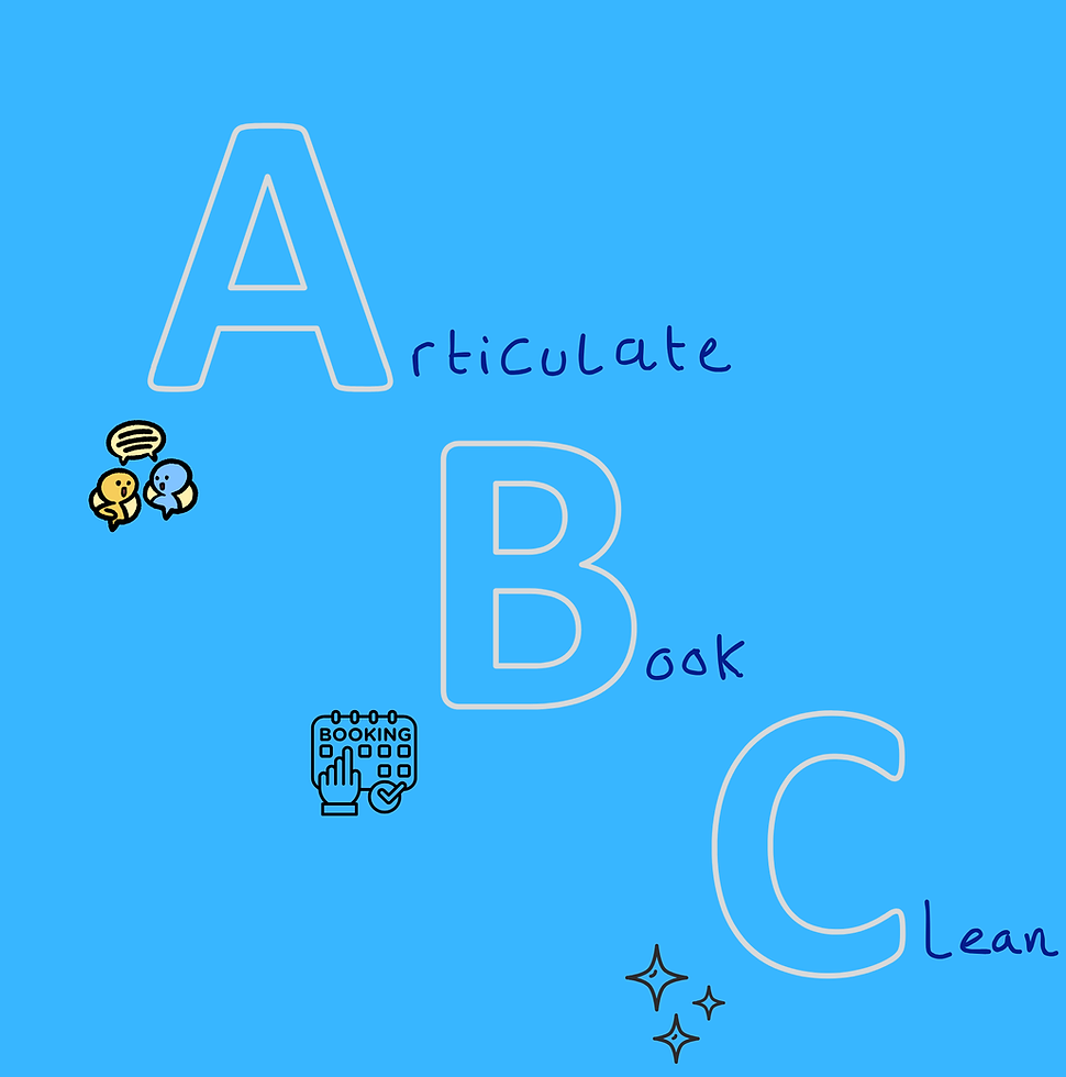 Blue background graphic with large outlined A, B, C letters and small icons representing articulate, book, and clean, square format.