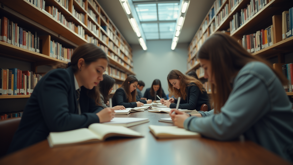 Eye-level view of a university library with students engaged in study