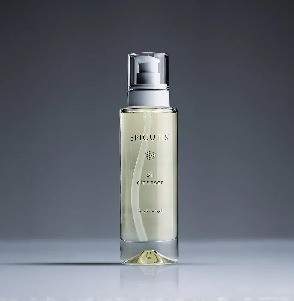 Epicutis Oil Cleanser, front view, clear bottle with white pump, product shot.