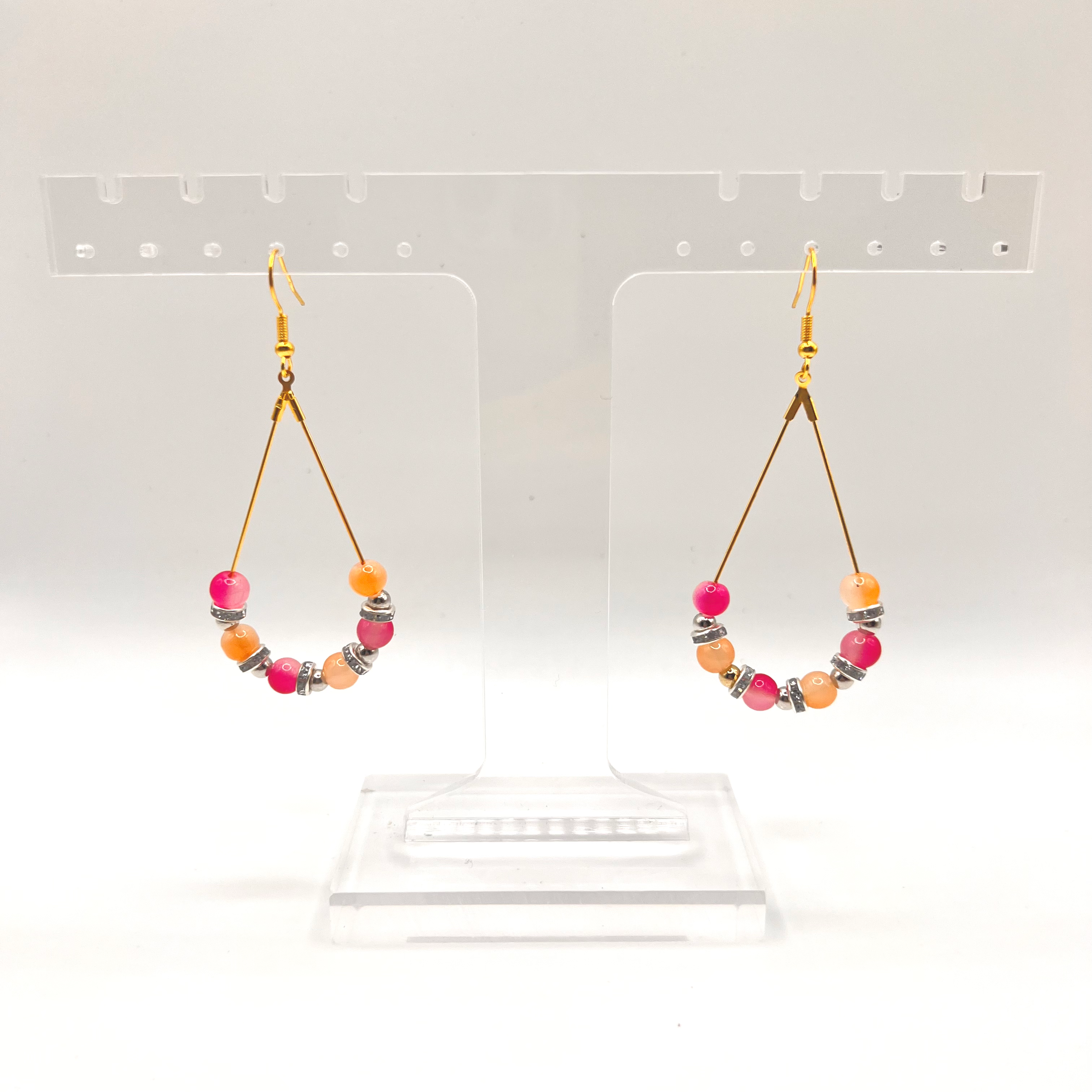 Pink, orange and gold beaded hanging earrings
