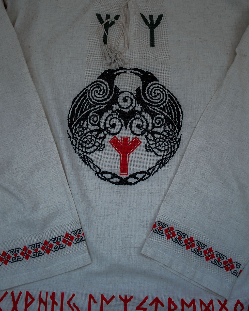 Thumbnail: Linen shirt with runes and 2 big ravens on the abdomen