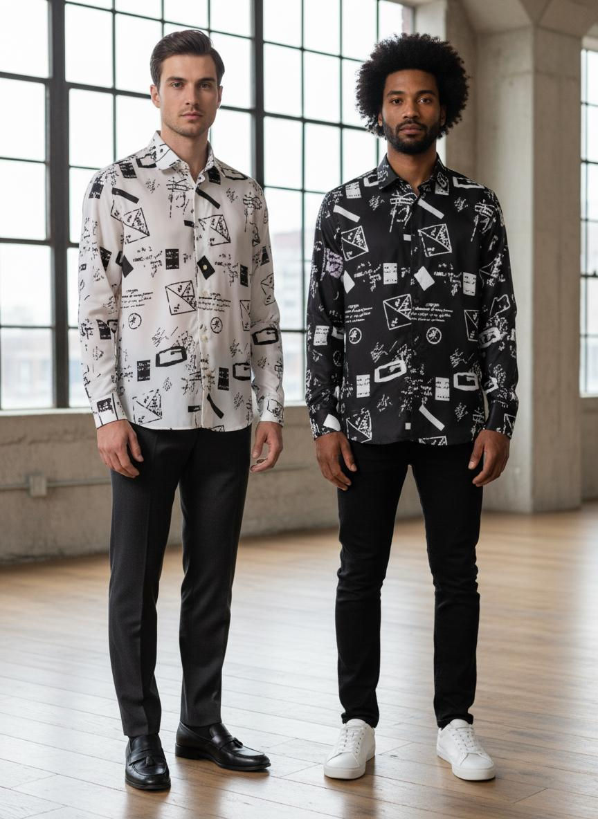 Two men wearing patterned shirts.