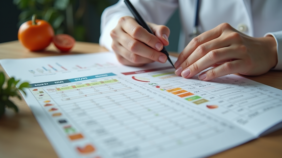 Close-up view of a nutritionist analyzing a food diary and nutrient chart