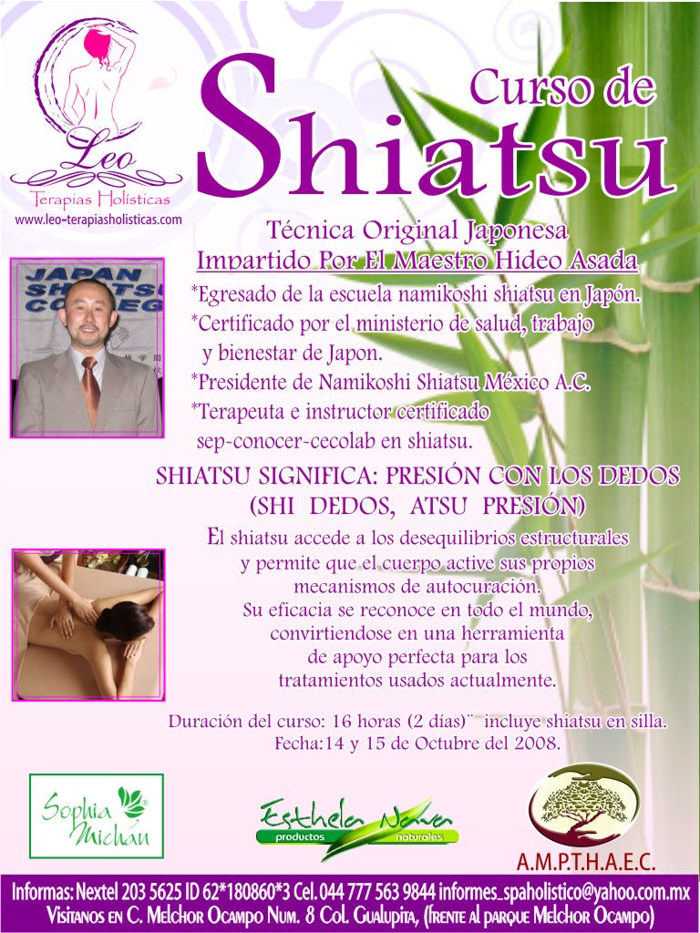 Cartel del primer curso de Shiatsu de Namikoshi Shiatsu México A.C. realizado en Cuernavaca los días 14 y 15 de octubre de 2008.
