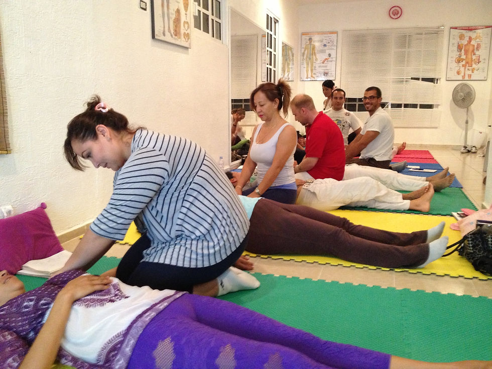 Participantes practicando Shiatsu Namikoshi sobre colchonetas durante el curso realizado en Playa del Carmen en febrero de 2013.