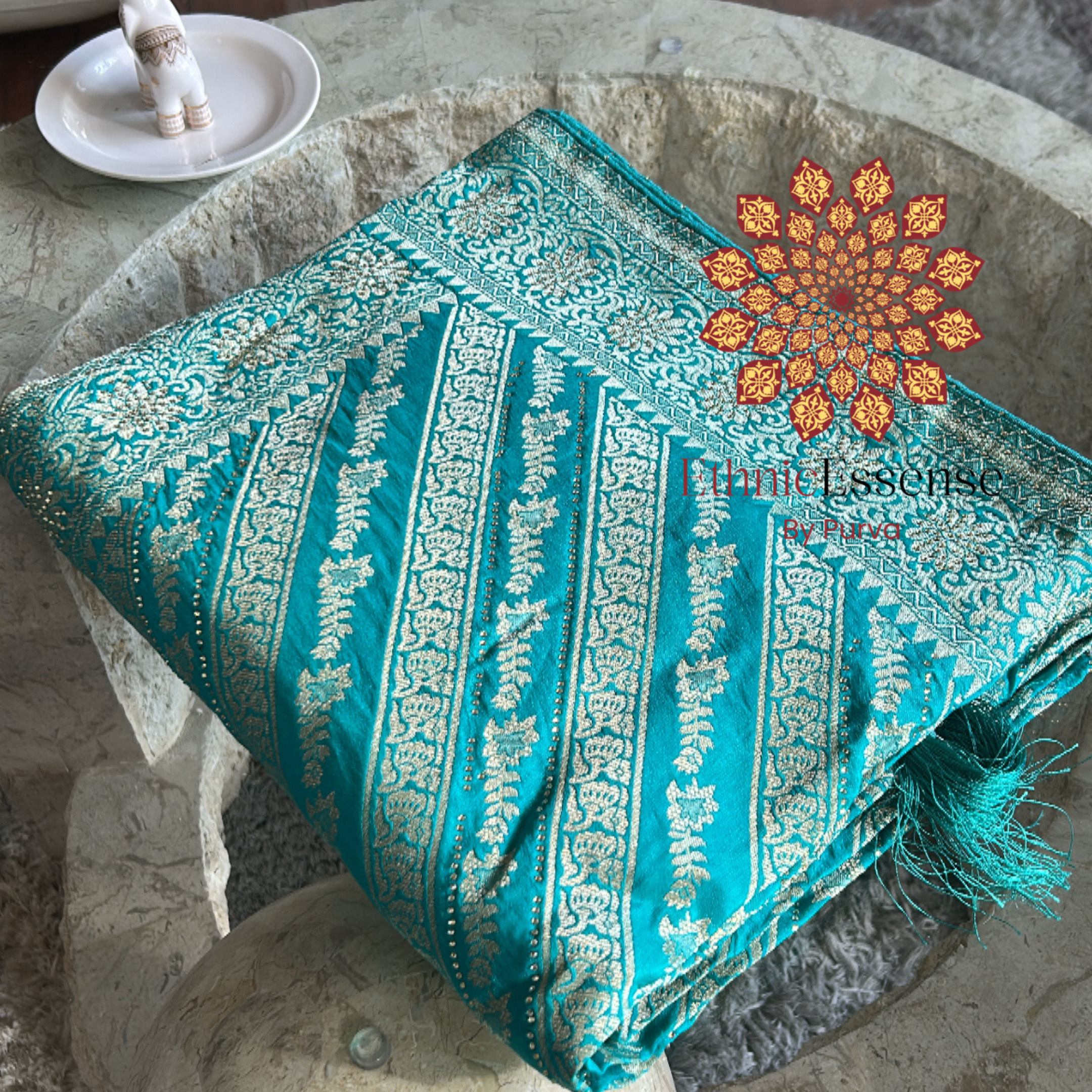 Lehariya silk saree teal colour
