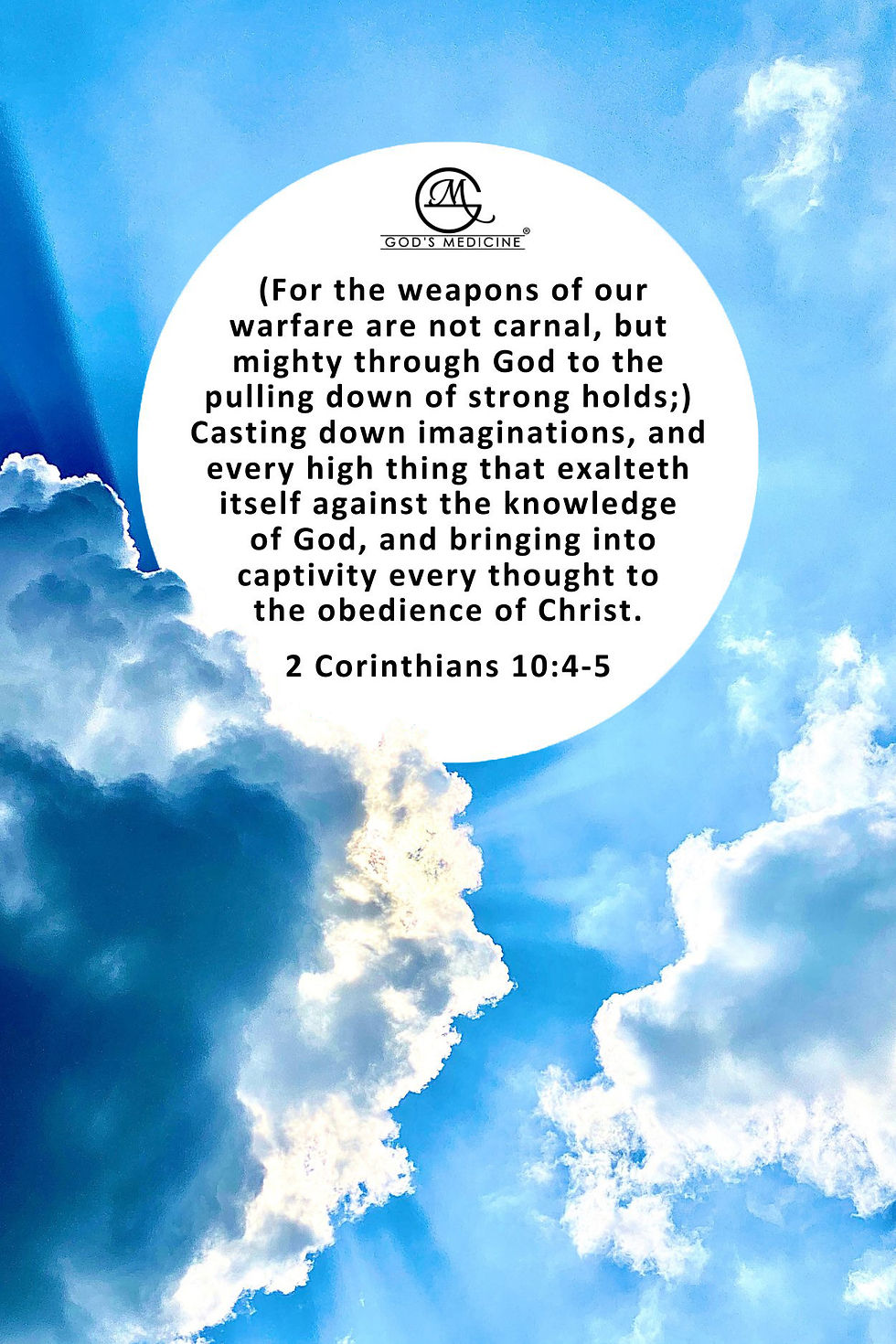 2 Corinthians 10:4-5 scripture set in the clouds of a sunlit sky