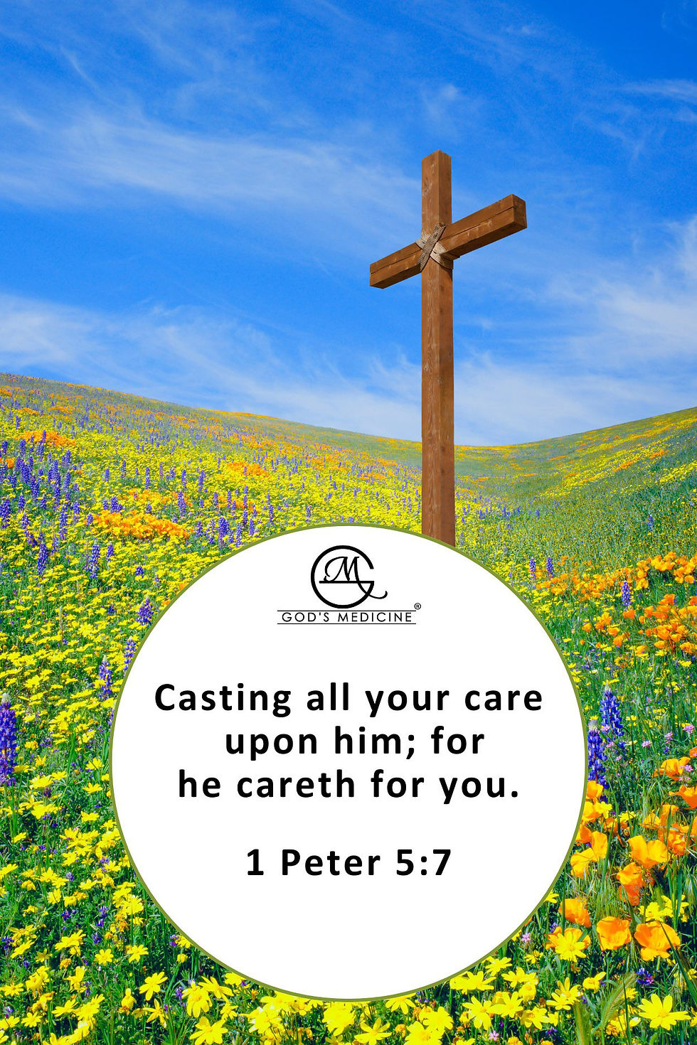 A cross set among an expansive, colorful flower garden