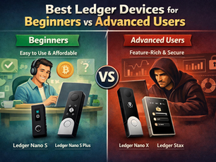 Article comparing Ledger hardware wallets for beginners and advanced users. The left side shows a relaxed beginner using a laptop, alongside Ledger Nano S and Nano S Plus devices, with icons suggesting simplicity and affordability. The right side features a more intense advanced user in a dark setting, paired with Ledger Nano X and Ledger Stax, with visuals of charts and security symbols. The design uses contrasting green and red tones to highlight ease of use versus advanced features.