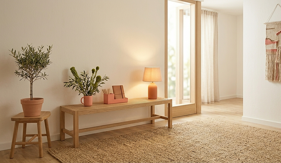 A welcoming and airy entryway with a minimalist Japandi aesthetic. A slatted light oak bench sits against a neutral off-white wall, illuminated by a warm terracotta table lamp. On the bench, a #fc94af coral pink desk organizer and a matching ceramic mug holding green foliage add soft pops of color. To the left, a small olive tree in a terracotta pot rests on a wooden tripod stool. A large, textured jute rug covers the light wood floor, leading toward an open doorway that reveals a bright, sunlit room. On the right wall, a handmade woven tapestry with #fc94af accents adds a tactile, artisanal touch to the clean space.