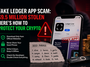 A dark, dramatic blog image showing a fake Ledger Live on a smartphone marked “FAKE APP,” with a handwritten seed phrase note in the foreground, a hardware wallet nearby, and bold warning text about a $9.5 million crypto scam and how to protect your crypto.