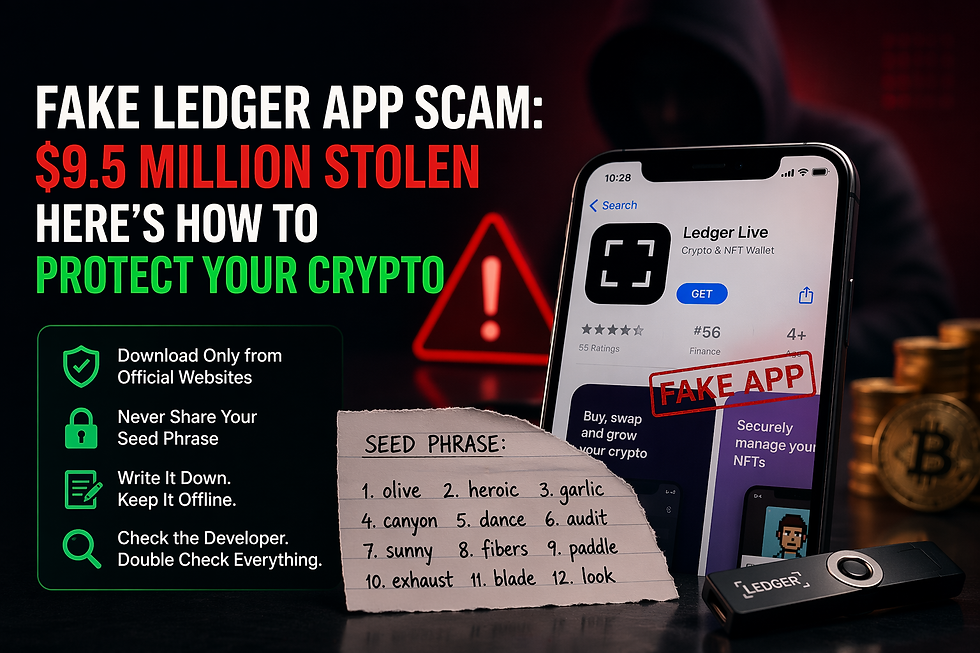 A dark, dramatic blog image showing a fake Ledger Live on a smartphone marked “FAKE APP,” with a handwritten seed phrase note in the foreground, a hardware wallet nearby, and bold warning text about a $9.5 million crypto scam and how to protect your crypto.