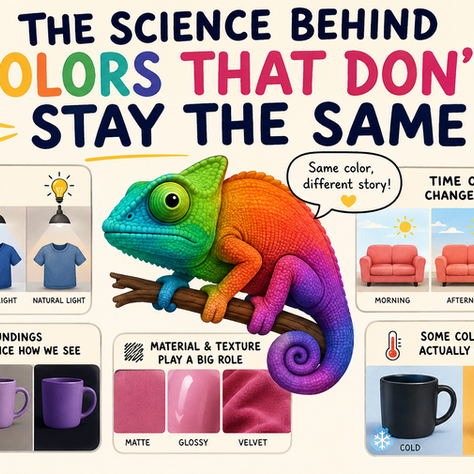Colorful infographic featuring a rainbow chameleon that explains how lighting, time of day, surroundings, material textures, and temperature can change how we perceive colors.