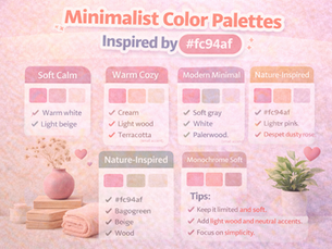 Infographic showing minimalist color palettes inspired by #fc94af, with soft pastel swatches and combinations like warm white, beige, terracotta, sage green, and gray, alongside simple styling tips.