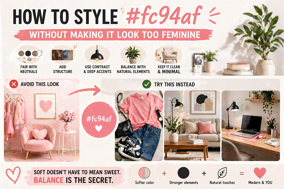Infographic showing how to style #fc94af in a balanced, modern way, with simple visuals of outfits and interiors using denim, neutrals, and natural elements instead of overly soft pink styling.