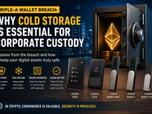 Illustration of a secure corporate crypto vault with a glowing Ethereum symbol, surrounded by Ledger hardware wallets including Ledger Stax, Ledger Flex, Ledger Nano Gen5, Ledger Nano X, and Ledger Nano S Plus. The image highlights the importance of cold storage for corporate cryptocurrency custody following the Triple-A wallet breach, with key security messages such as limiting risk, keeping private keys offline, securing reserve funds, and protecting digital assets from online threats.