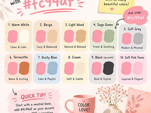 Infographic showing color combinations with #fc94af, including warm white, beige, sage green, terracotta, dusty blue, and gray, with pastel swatches and simple styling tips.