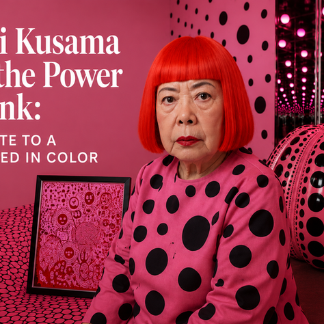Yayoi Kusama tribute image featuring the Japanese artist surrounded by vivid pink polka dots, a pink pumpkin and an Infinity Mirror Room, celebrating her life and the power of pink in her art.