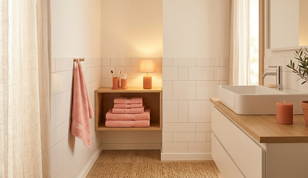 A serene, spa-like bathroom with clean white subway tiles and light wood accents. A floating wooden shelf holds a neat stack of plush towels in a soft #fc94af coral pink, while a matching towel hangs from a simple wooden peg on the left. On the oak-topped vanity, a modern white vessel sink is paired with a chrome faucet, alongside a small olive tree in a terracotta pot and a thick coral-colored pillar candle. A small terracotta lamp on the back shelf emits a warm, amber glow, creating a relaxing, non-clinical atmosphere. The floor is accented with a textured natural jute rug, and soft daylight filters through a sheer linen curtain.