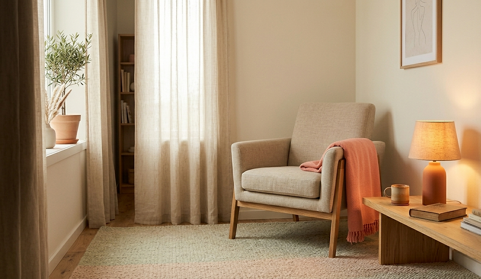 A peaceful reading nook featuring a light beige linen armchair with wooden legs, draped with a soft #fc94af coral pink knit throw. The chair sits on a textured pastel rug with subtle blocks of muted green and peach. To the right, a low oak table holds a small stack of vintage books and a terracotta-based lamp that emits a warm, amber glow. In the background, a large window with sheer cream curtains allows soft daylight to reach a potted olive tree on the sill, creating a quiet and cozy atmosphere.