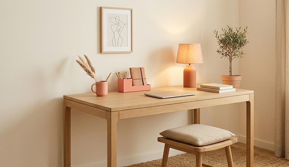 A serene, light oak wood desk setup in a warm, minimalist home office. The natural oak desk is paired with a matching oak stool featuring a textured beige cushion. On the desk, there is a closed light grey laptop, a terracotta ceramic table lamp with a linen shade emitting a warm glow, and a small stack of two neutral-toned books. To the left, a matte #fc94af coral pink desk organizer holds several natural wood pencils and a leather-bound notebook. Next to it, a matte #fc94af coral pink ceramic mug holds dried pampas grass stems. In the background, on the light-painted wall, a framed minimalist line-art print of a female figure hangs above the desk. A potted olive tree sits in a terracotta pot on the right side of the desk, and a large window with sheer cream curtains is visible to the right. A textured jute rug lies on the floor. The overall atmosphere is quiet, calm, and organized.