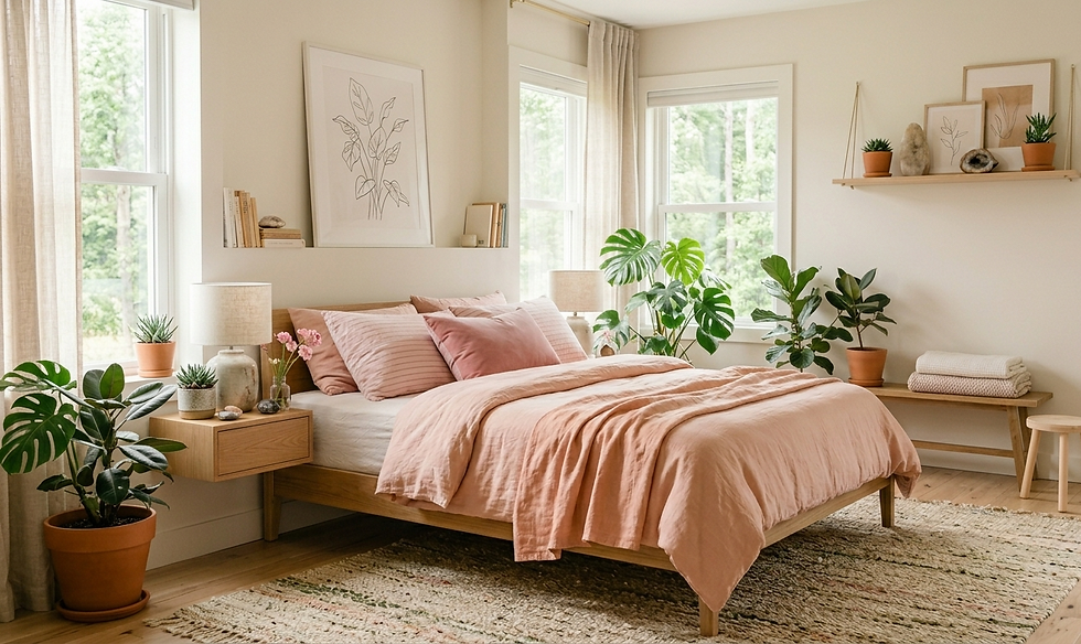 A wide-angle, sunlit photograph capturing a modern, minimalist bedroom with an abundant bohemian plant collection. The central focus is a wooden-frame platform bed dressed in layers of soft, peach-pink and rose-tinted linen bedding and pillows, situated on a textured, neutral-toned woven rug. Natural daylight streams through four large, casement-style windows adorned with sheer, light-beige linen curtains, revealing a lush, green forest view outside. The room is filled with thriving potted indoor plants of varying species, including large Monstera, Fiddle Leaf Fig, Rubber Plants, and various cacti in terracotta pots of different sizes, positioned on the floor, windowsills, and shelves. A floating wooden nightstand is attached to the wall beside the bed, holding a ceramic lamp, a glass vase with small pink flowers, and books. Two higher wooden shelves display more cacti, framed botanical line drawings, and crystals. At the foot of the bed, a simple wooden bench holds stacked towels next to a small wooden stool. The walls are a serene, off-white, and the entire atmosphere is calm, organic, and grounded.