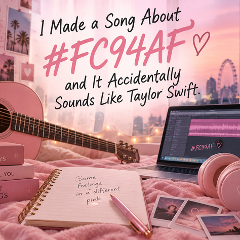 Pink songwriting scene with a guitar, headphones, notebook and laptop, featuring #FC94AF and the title “I Made a Song About #FC94AF and It Accidentally Sounds Like Taylor Swift.”