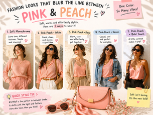 Fashion infographic showing five outfit ideas in pink and peach tones, including monochrome, white pairing, beige layering, denim styling, and bold contrast, with accessories like a handbag and sunglasses in matching soft hues.