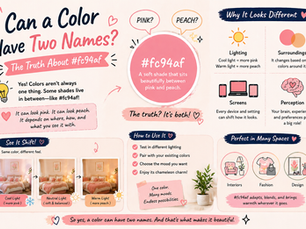Infographic explaining how #fc94af can appear both pink and peach, showing how lighting, surroundings, screens, and perception affect how the color is seen.