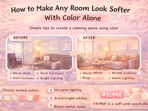 Infographic showing how to soften a room using color, with before-and-after living room scenes featuring warm white, beige, and #fc94af accents, along with simple tips like using muted tones and warm lighting.