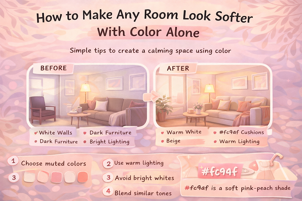 Infographic showing how to soften a room using color, with before-and-after living room scenes featuring warm white, beige, and #fc94af accents, along with simple tips like using muted tones and warm lighting.
