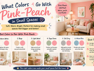 Infographic showing how to style pink-peach (#fc94af) in small spaces, featuring a cozy living room example and simple color pairings like warm white, beige, light wood, sage green, soft gray, and muted blue.