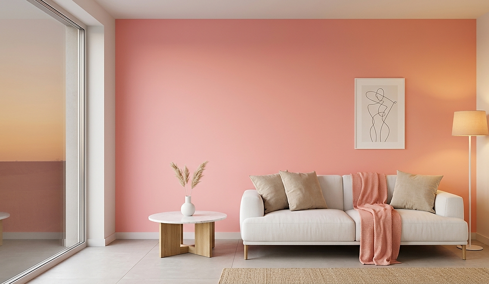 A serene, minimalist living space featuring one large feature wall in a soft #fc94af coral-pink hue. Against the wall is a modern white sofa upholstered in textured fabric, adorned with two beige linen throw pillows and a coordinating #fc94af coral-pink knit throw blanket. To the left is a round white marble coffee table with a light oak wood base, holding a single white ceramic vase with dried pampas grass stems. To the right, a floor lamp with a beige fabric shade casts a warm, relaxed glow. Above the sofa, a framed minimalist line-art print on textured paper is the only wall hanging. Large, floor-to-ceiling glass sliding doors to the left reveal a blurred exterior view. Natural daylight filters through, keeping the space soft and fresh, transitioning to a warmer, relaxed tone under the evening lamp light. The floor is covered with large-format light concrete tiles and a natural jute rug.