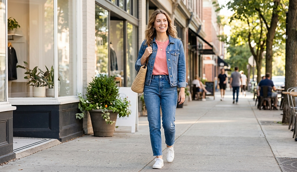A woman in a casual yet stylish outfit walks confidently down a sunlit city sidewalk lined with boutique shops and outdoor cafes. She is wearing a vibrant pink-peach t-shirt (#fc94af) layered under a classic blue denim jacket, paired with high-waisted blue jeans and clean white sneakers. She carries a woven straw tote bag over her shoulder, and her wavy brown hair is casually styled. The background features blurred pedestrians and trees, creating a lively urban atmosphere.