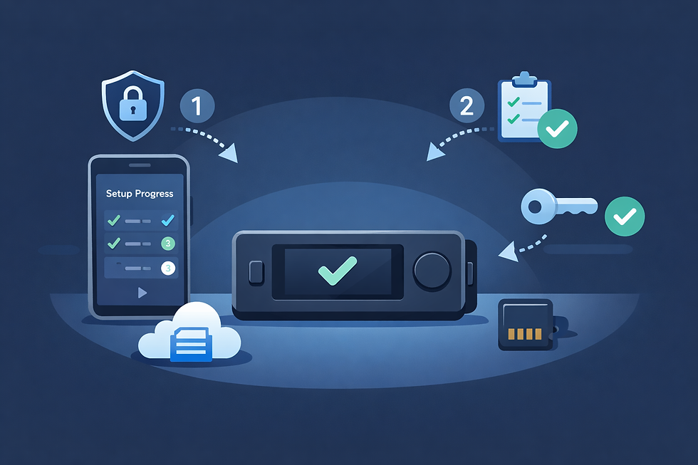Flat vector illustration of a hardware crypto wallet centered on a desk, paired with a smartphone showing a setup progress screen. Simple step icons, checkmarks, and arrows indicate guided setup steps, security, backup, and verification. The scene uses a dark blue background with soft gradients, clean lines, and a calm, beginner friendly tech onboarding style.