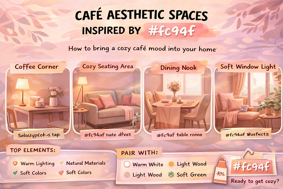 Illustrated infographic titled “Café Aesthetic Spaces Inspired by #fc94af” featuring soft pink and peach café-inspired interiors. The design showcases four cozy spaces, including a coffee corner, seating area, dining nook, and sunlit window seat, all styled with warm lighting, pastel cushions, light wood furniture, and soft textures. Decorative notes highlight pairing ideas like warm white, light wood, and soft green for creating a calm café mood at home.