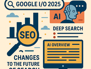 Illustration showing key SEO changes from Google I/O 2025, including AI-driven features like Deep Search, AI Overview, and conversational search, with visual elements like a magnifying glass labeled "SEO," a computer monitor, a robot head, and bar charts.