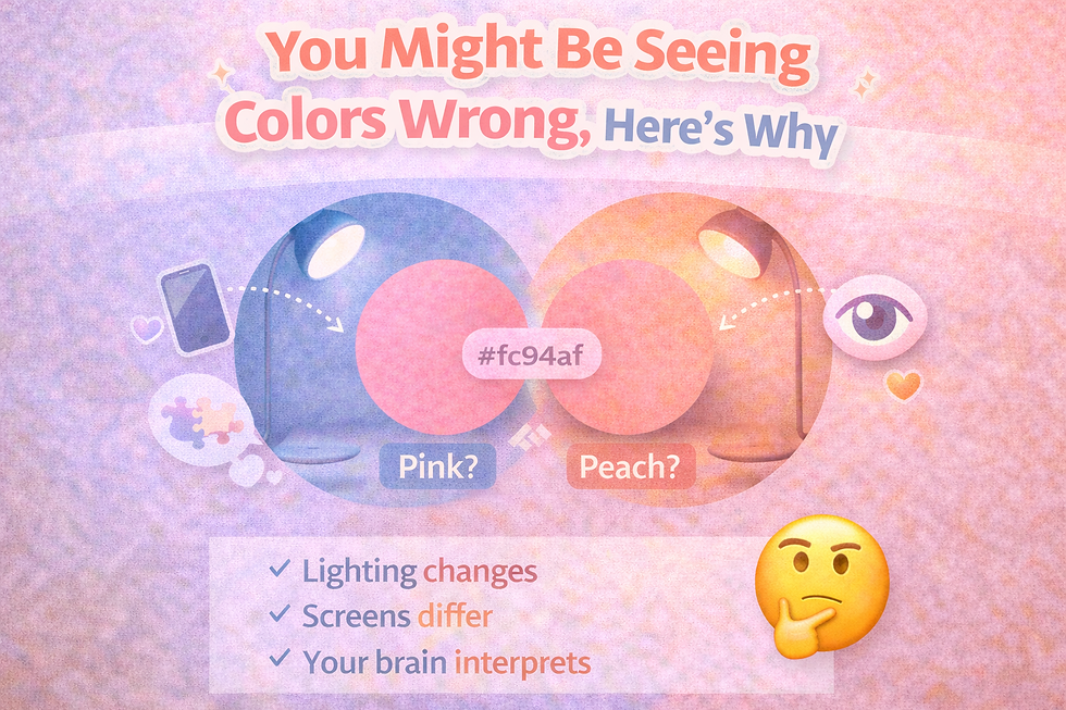 Infographic showing the color #fc94af under warm and cool lighting, comparing pink and peach tones, with icons of a lamp, screen, and eye to explain how perception changes.