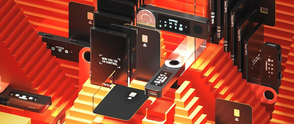 A stylized scene showing multiple Ledger cold wallets floating among geometric orange steps, with various models including touchscreen and button based devices arranged in a dynamic layout. The wallets appear suspended in mid air, highlighting sleek black finishes and illuminated displays that suggest digital security and control.