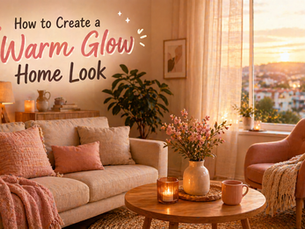Cozy living room with a warm glow, featuring a beige sofa with soft pink-peach cushions, a wooden coffee table with candles and flowers, warm ambient lighting, and sunlight streaming through sheer curtains at sunset.