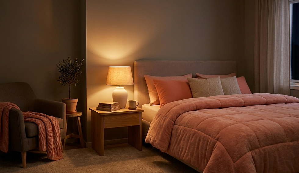 A warm and inviting photograph of a cozy bedroom at night. A large, plush bed features an upholstered headboard, multiple pillows in pink-peach and textured neutral shades, and a thick, quilted #fc94af soft peach duvet. To the left, a light wood bedside table holds a white ceramic lamp with a linen shade, casting a warm amber glow. Nearby is a stack of books and a mug. A small olive tree in a terracotta pot sits on a wooden stool next to a dark grey armchair, which has a folded #fc94af coral knit blanket draped over it. To the right, a large window with sheer linen curtains shows the dark night outside with a faint string of lights. The walls are painted a soft neutral, bathed in warm, inviting light.