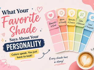 Infographic showing how favorite color shades relate to personality traits, featuring pastel color swatches labeled with traits like calm, creative, warm, and thoughtful, alongside playful design elements.