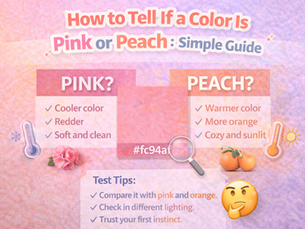 Infographic comparing pink and peach colors with a central #fc94af swatch, showing key traits like cooler vs warmer tones and simple tips to tell the difference.