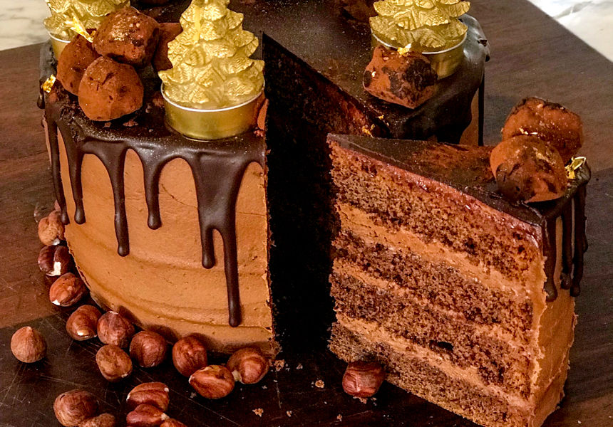 Chocolate, coffee liqueur layer cake with chocolate buttercream